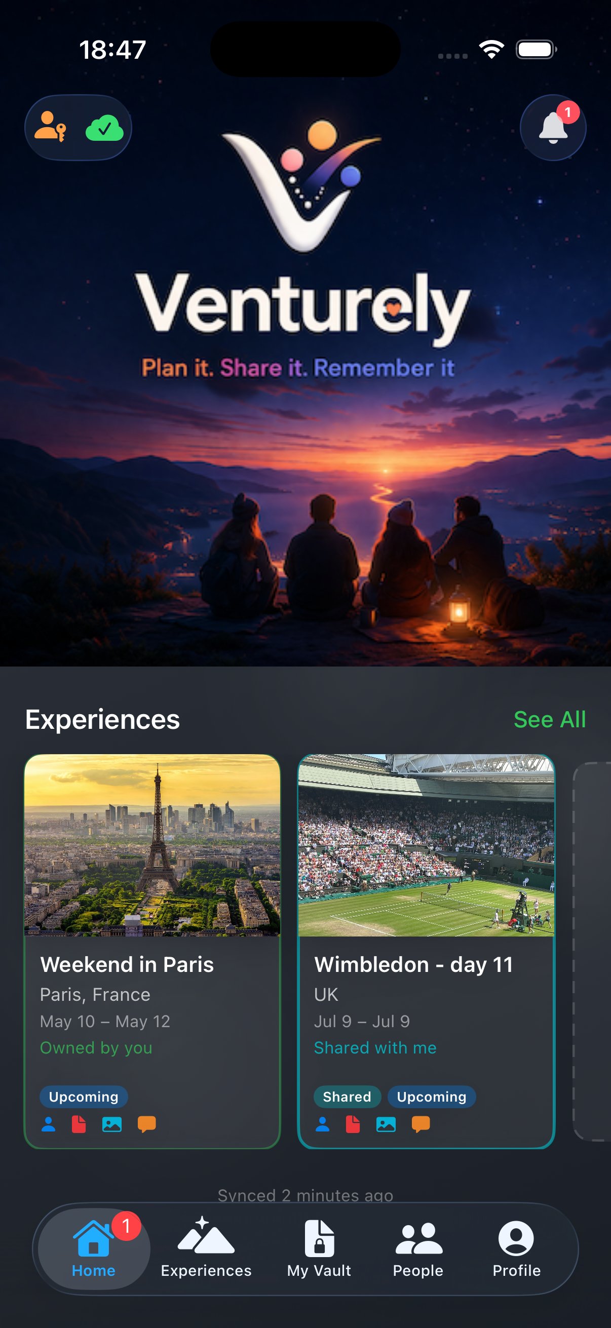 Venturely home screen